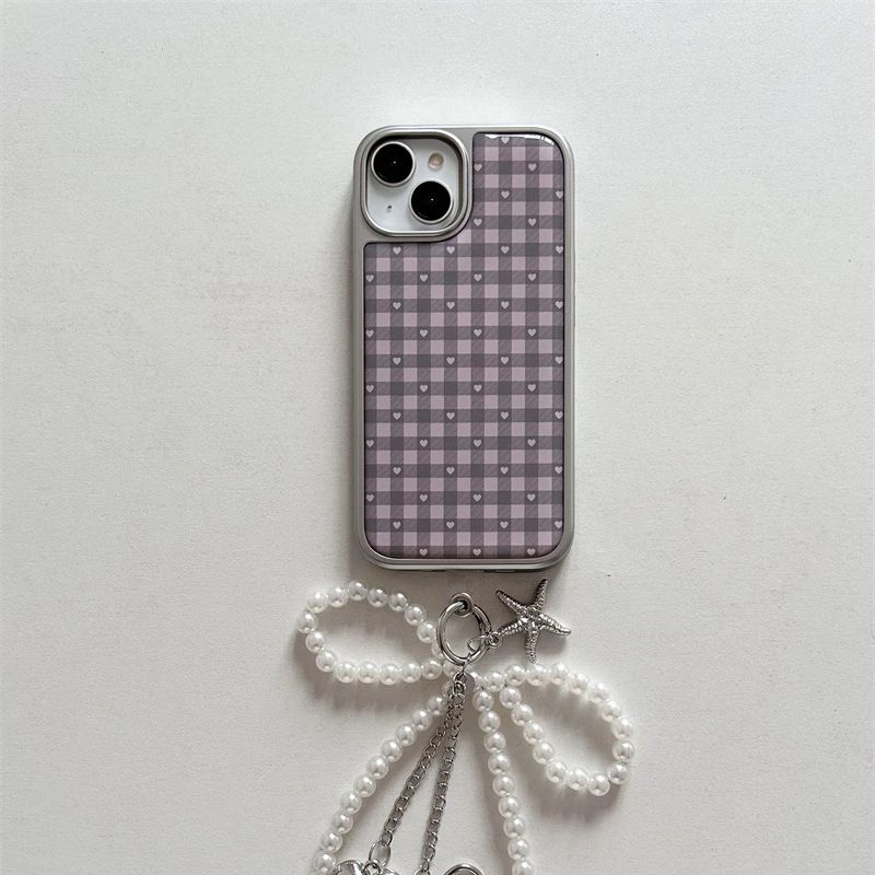 Phone Cases Girls - เคสโทรศัพท์ลายตารางสีชมพูม่วงรูปหัวใจสไตล์เกาหลีน่ารักสำหรับสาวๆ ใช้กับ Samsung S 23 24