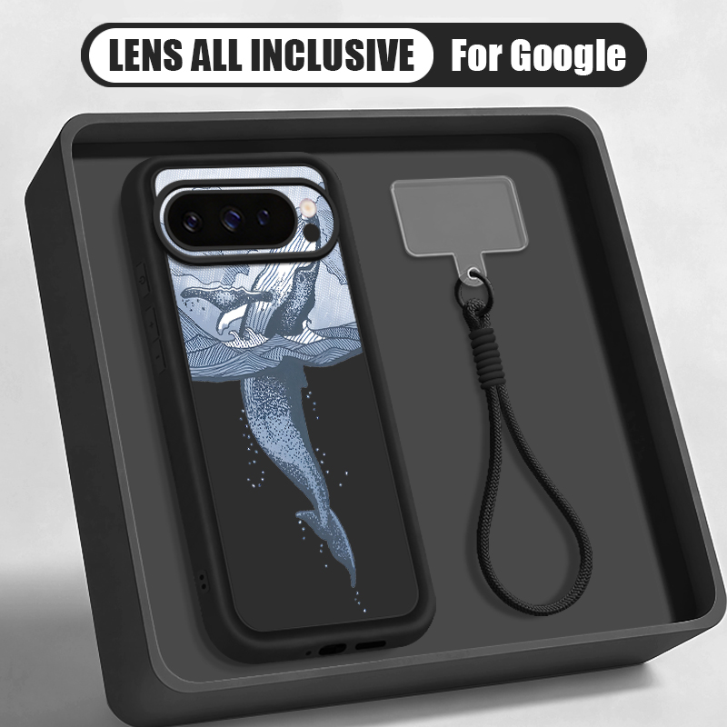 Phone Cases Google Pixel 10 Pro - เคสโทรศัพท์ซิลิโคนนิ่มลายปลาวาฬหลังโค้ง พร้อมสายคล้องข้อมือ สำหรับ Google Pixel 10